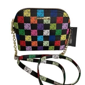 Brand New Steve Madden bmaggie Crossbody Black /Multi LOGO Print Gold Chain